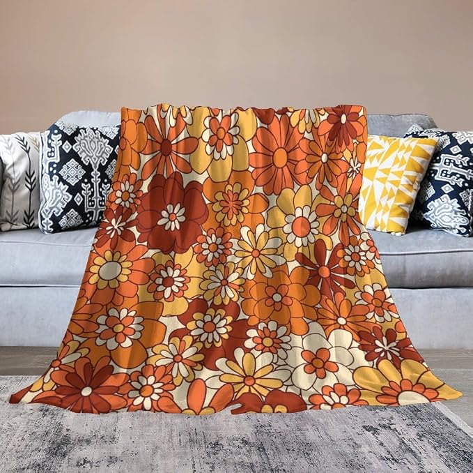 Vintage 70s Throw Blanket, Boho Hippie Bright Orange Flowers Groovy Abstract - Image 6