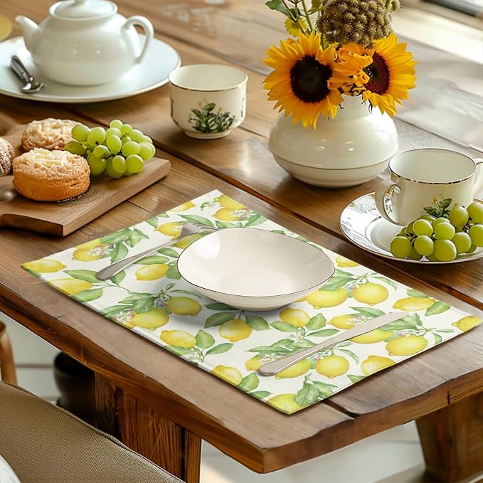 Lemon Placemats Set of 4 Summer Yellow Fruit Green Leaf Floral Linen Table Mat - Image 6