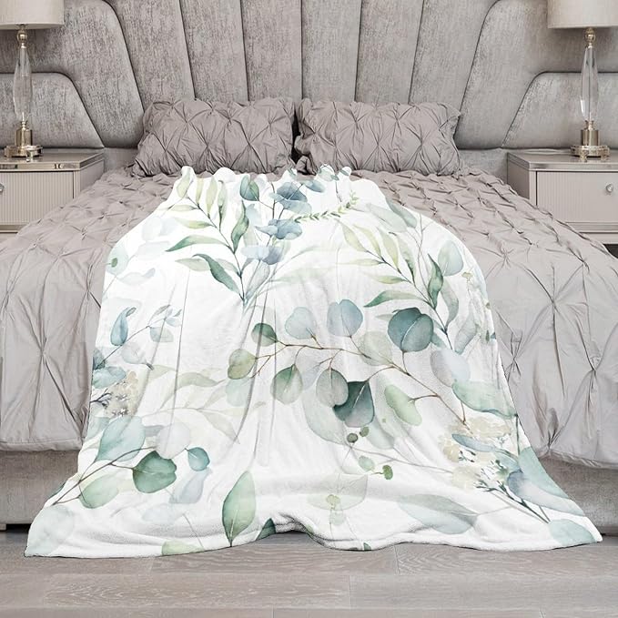 Eucalyptus Leaf Throw Blanket, Watercolor Floral Spring Botanical Green Plants - Image 7