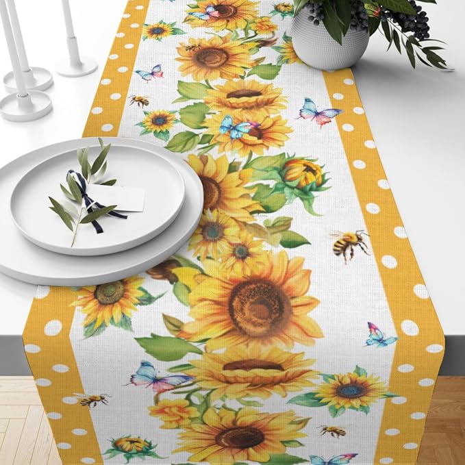Sunflower Table Runner, Cotton Linen Floral Yellow 13x36 inch Bohemian Table - Image 6