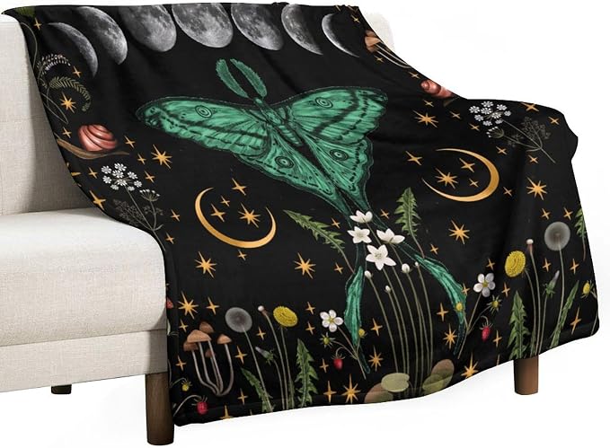 Moon Phase Moth Blanket, Vintage Botanical Mushroom Wildflower Gothic Night by JanJCurt
