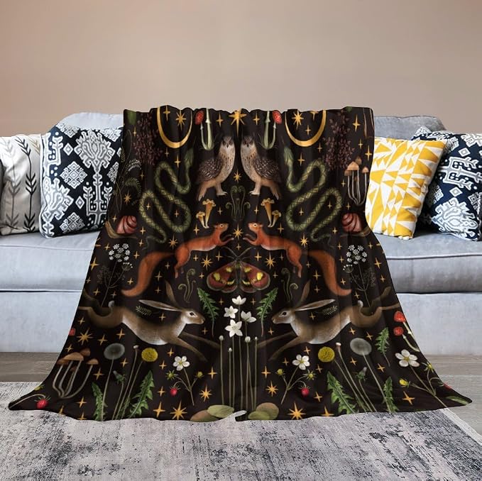Rustic Forest Throw Blanket, Fairy Tale Forest Land Wild Animals Moths Flowers - Image 6