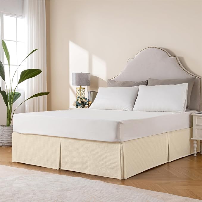 MIYE Pleated Waffle Weave Bed Skirt, Tailored Dust Ruffle 14 Inch Drop Easy Fit - Image 3