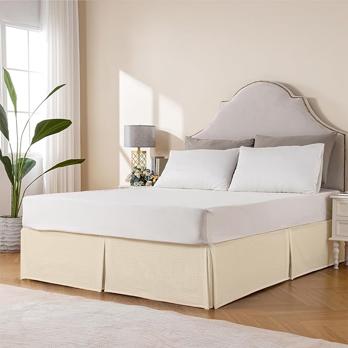 MIYE Pleated Waffle Weave Bed Skirt, Tailored Dust Ruffle 16 Inch Drop Easy Fit - Image 3