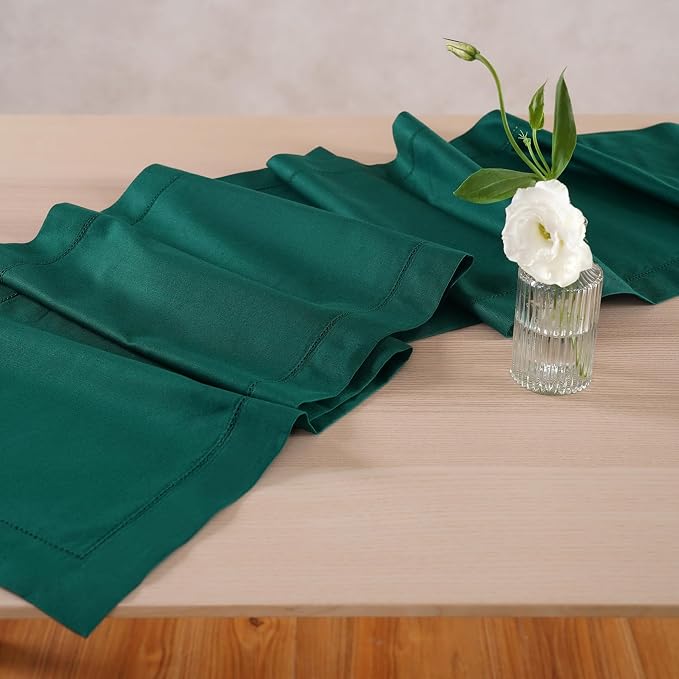 Home Ekaa Green Cotton Linen Table Runner 48 Inches Long – Washable Hemstitch - Image 2