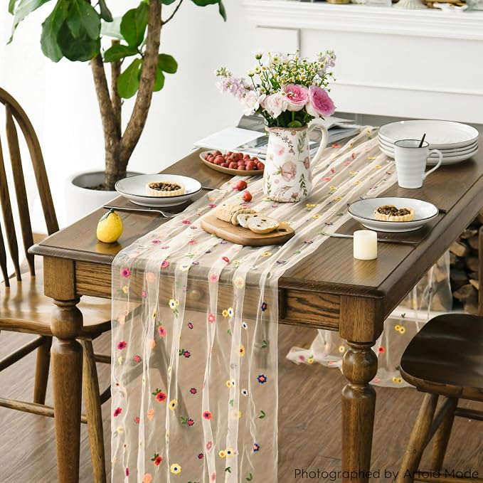 Artoid Mode 3PCS Champagne Embroidery Daisy Gauze Table Runner 120 Inch 10FT - Image 5