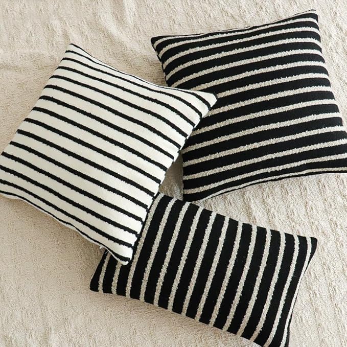 Jonhier Black Striped Boho Throw Pillow Cover, Modern Boucle Textured Square - Image 6