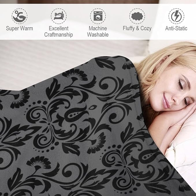 Black Damask Blanket, Antique Victorian Style Gothic Vintage Black Floral - Image 4