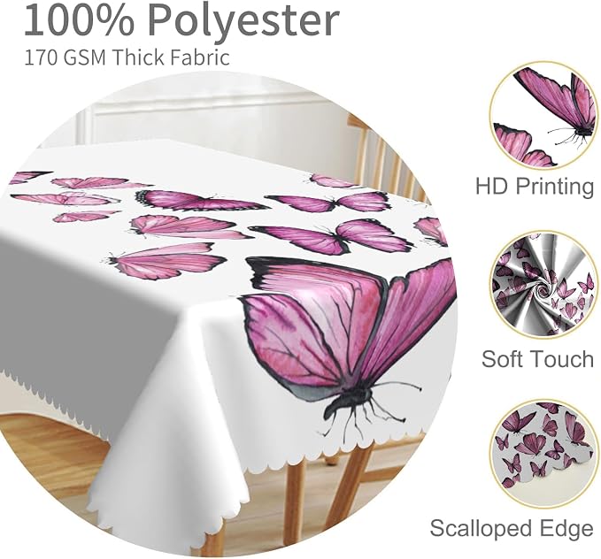 60x84inches Butterfly Rectangle Table Cloth Pink Purple Nature Butterflies - Image 3