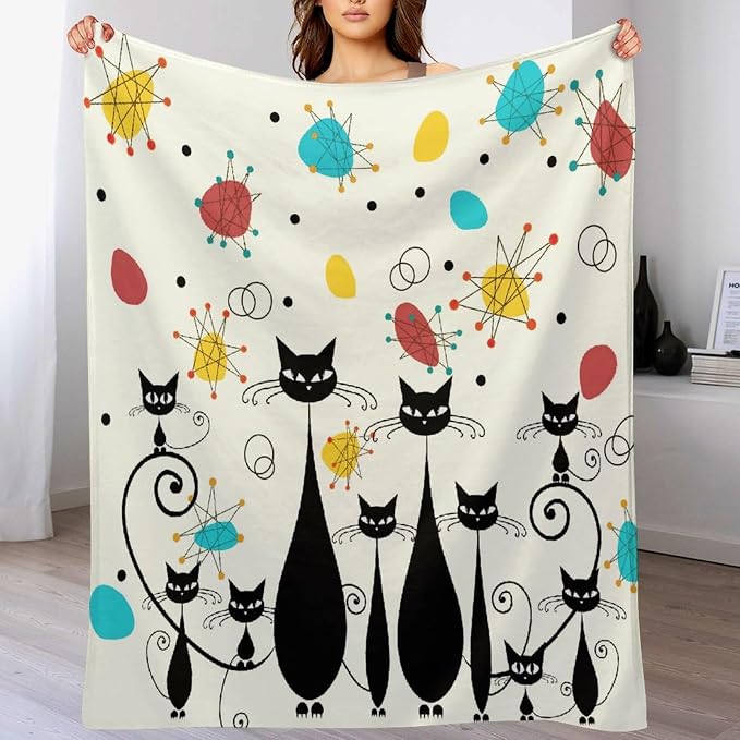 Mid Century Modern Throw Blanket, Atomic Black Cat Starbursts Iconic Sputnik - Image 8