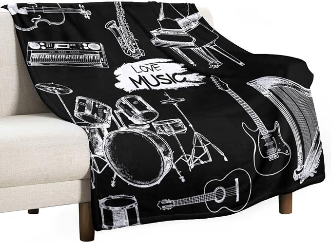 Music Blanket Drums Piano Guitar Black White Abstract Art Printed Soft Cozy by JADERYS