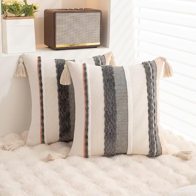 Boho Throw Pillow Covers 18x18 Set of 2 Woven Tufted Farmhouse Pillows Cover - Image 4