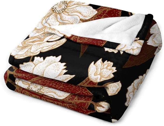 Red Gold Floral Blanket, Boho Dark Flower Leaves Chinese Plum Blossoms - Image 3
