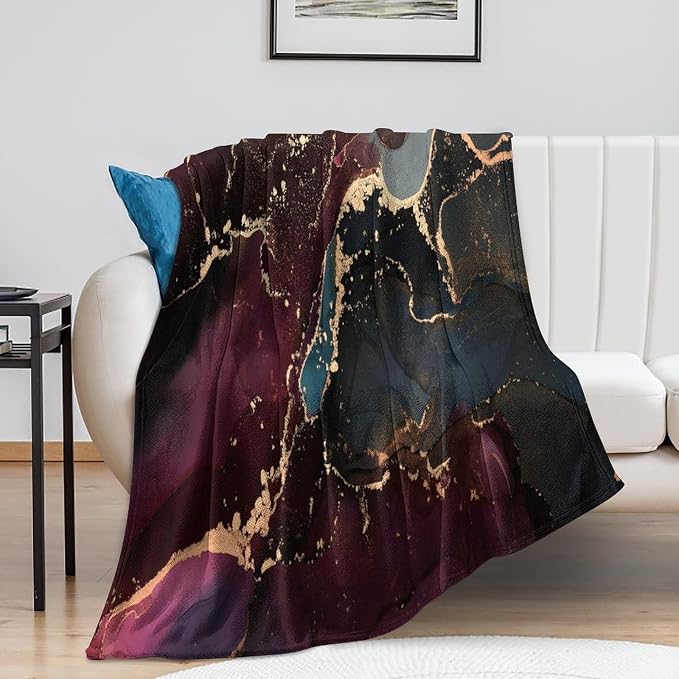 Modern Marble Blanket, Abstract Luxury Baroque Golden Purple Blue Stone Veins by Unknown