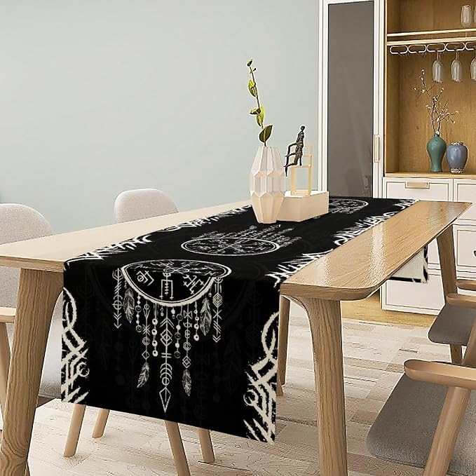 Viking Table Runner, Nordic Ancient Mythical Runes Print Table Runner - Image 3