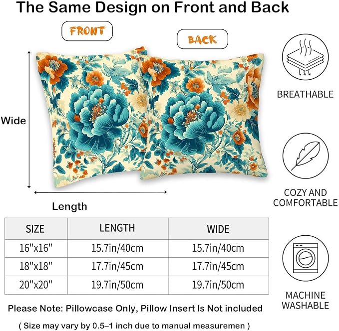 Turquoise Floral Throw Pillow Covers Set of 2 | Teal Vintage Flower Pillow Cases - Image 2