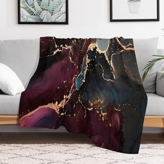 Modern Marble Blanket, Abstract Luxury Baroque Golden Purple Blue Stone Veins - Image 6
