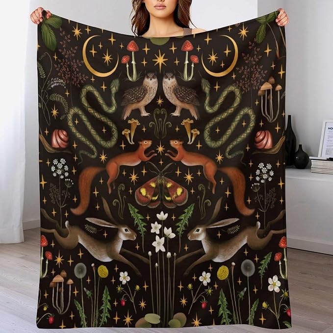 Rustic Forest Throw Blanket, Fairy Tale Forest Land Wild Animals Moths Flowers - Image 8