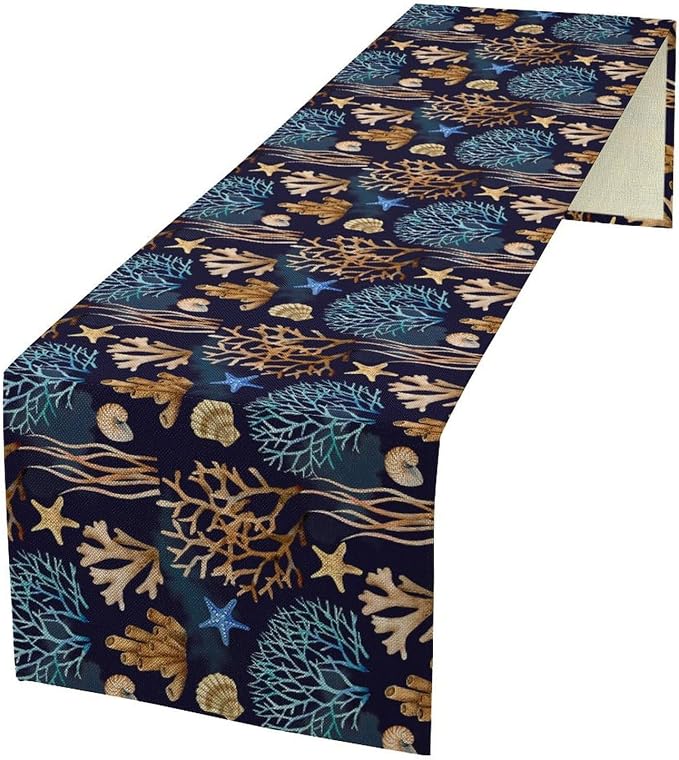 Ocean Coastal Table Runner, Coral Shell Starfish Seaside Nautical Beach Navy by ShiTingYu