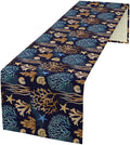 Ocean Coastal Table Runner, Coral Shell Starfish Seaside Nautical Beach Navy by ShiTingYu
