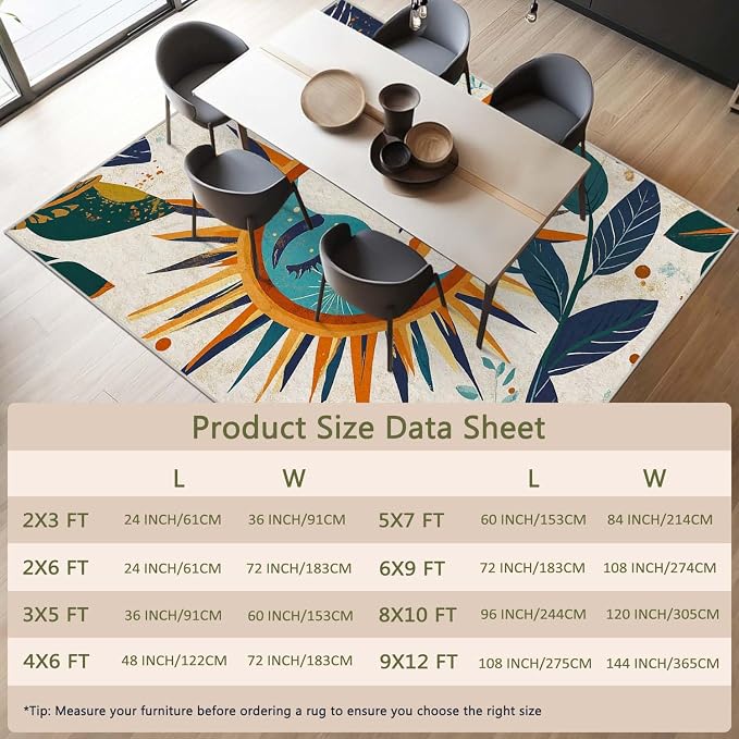 5x7 Sun and Moon Area Rug Leaf Orange Yellow Blue Beige Rug Non Slip Low Pile - Image 6