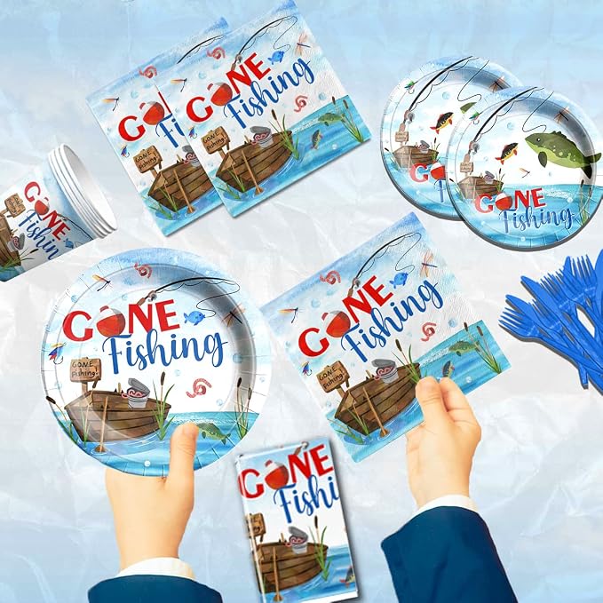 142 Pcs Gone Fishing Tableware, Fishing Birthday Party Decoration Little - Image 3