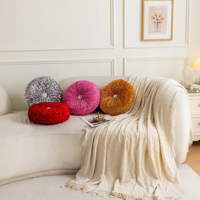 Round Throw Pillow, 13.7" Soft Glitter Sequin Pleated Pumpkin Decorative Round - Image 6