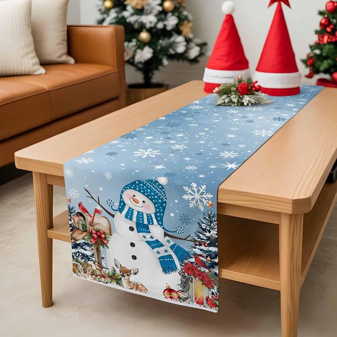 Blue Snowman Christmas Table Runner, 13x108 Inch, Xmas Tree Table Runners Elk - Image 8