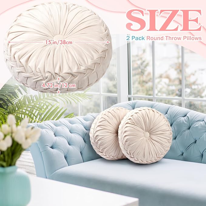 2 Pcs Round Throw Pillows 15 Inch Decorative Velvet Pleated Pumpkin Floor Boho - Image 2