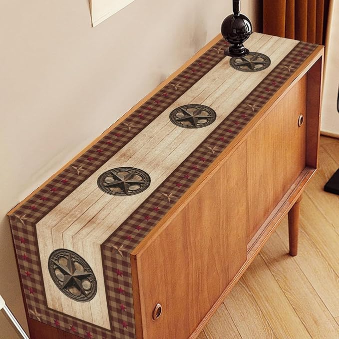 Western Table Runner, Rustic Texas Star Wooden Plank Buffalo Plaid Farmhouse - Image 3