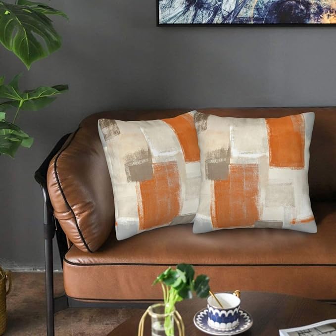 bassyil Orange Grey Abstract Art Painting Throw Pillow Covers Decorative Linen - Image 5