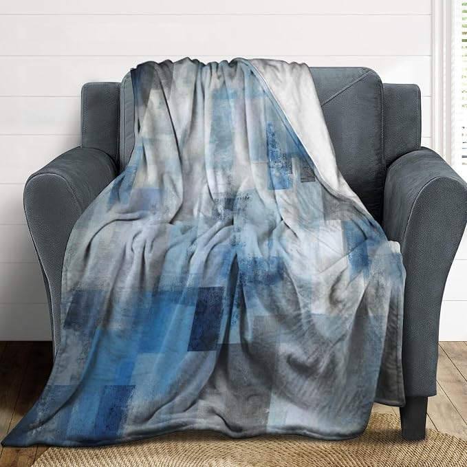 Fashion Gradient Blanket, Modern Art Abstract Blue Grey Check Painting Strokes - Image 3