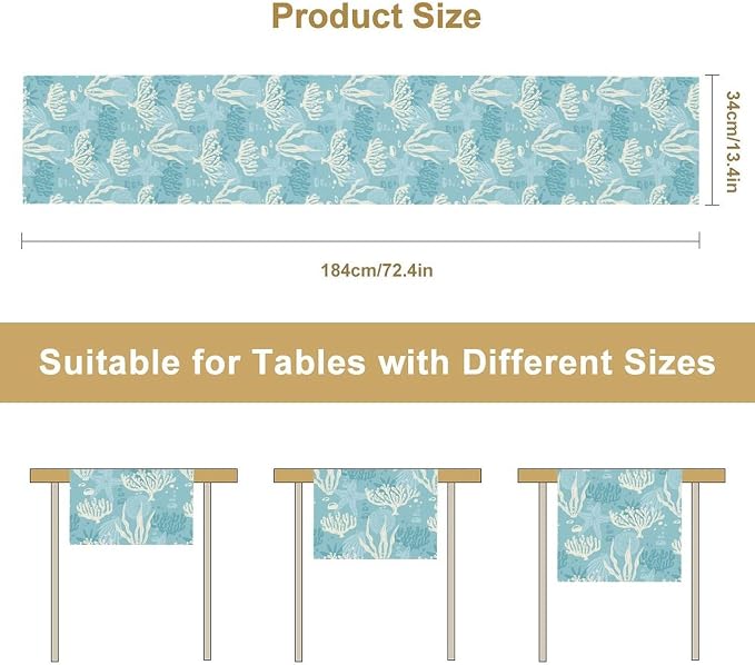 Ocean Seaweed Coral Table Runner Beach Blue Nautical Starfish Coral Table Runner - Image 3