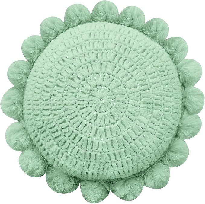 Boho Round Throw Pillow with Cute Handmade Pom Poms Tassels 18 Inch, Decorative by Unknown