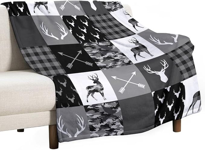 Rustic Cabin Throw Blanket, Farmhouse Grey Camouflage Deer Vintage Country by JanJCurt