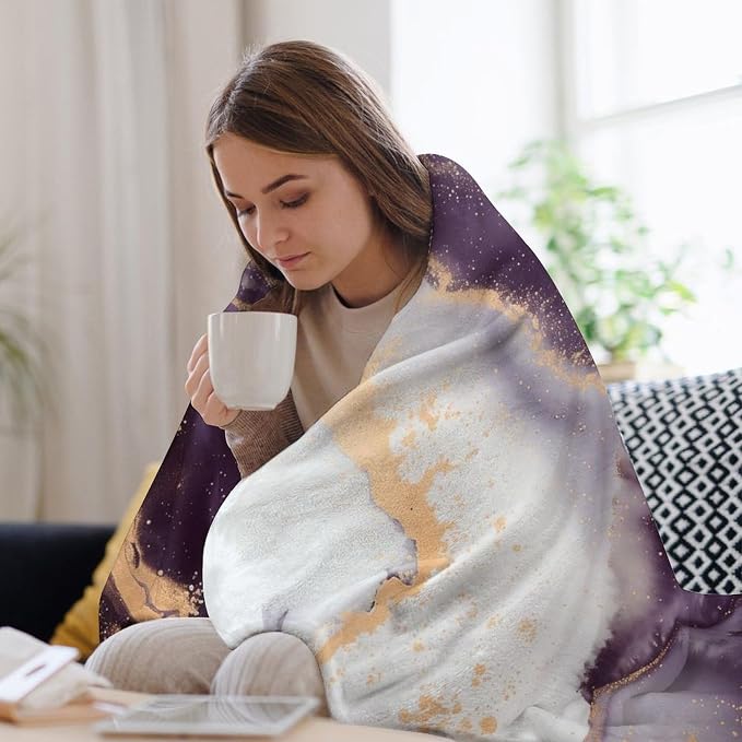 Modern Marble Blanket, Abstract Luxury Baroque Golden Purple White Stone Veins - Image 7