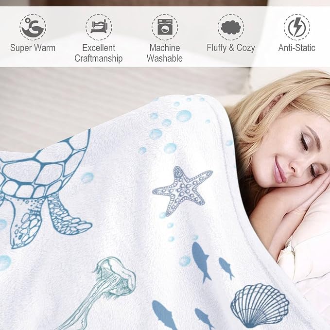 Nautical Turtle Throw Blanket, Coastal Sea Ocean Theme Coral Starfish Seashell - Image 4