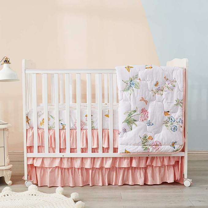 Brandream Blush Pink Shabby Chic Girl Ruffled Crib Bed Skirt Dust Ruffle Triple - Image 3