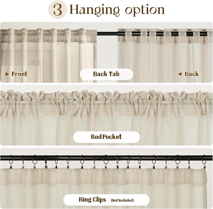 Dreaming Casa Taupe Sheer Curtains 102 Inches Long, Rod Pocket & Back Tab Light - Image 8