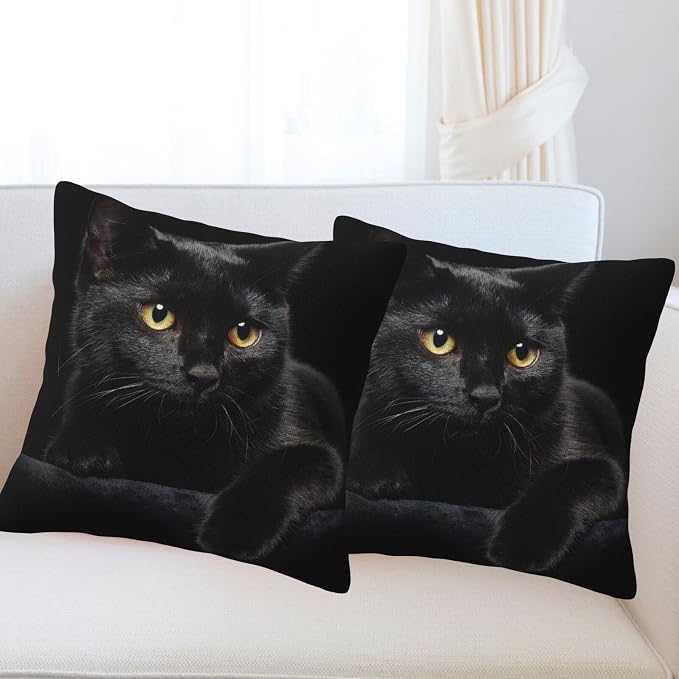 Black Cat Throw Pillow Covers Decorative Linen Pillow Cases Set of 2 Square - Image 5