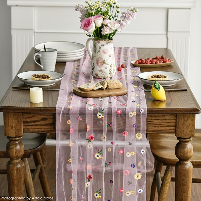 Artoid Mode Pink Embroidery Daisy Gauze Table Runner 120 Inch 10FT, Seasonal - Image 3