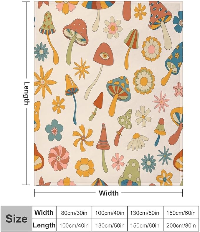 70s Mushroom Throw Blanket, Retro 60s Groovy Mushroom Boho Hippie Flowers Print - Image 2