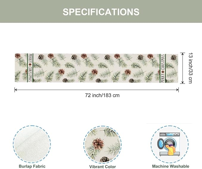 Pine Cones Christmas Table Runner 13x72 Inch Winter Pinecone Branches Merry - Image 6