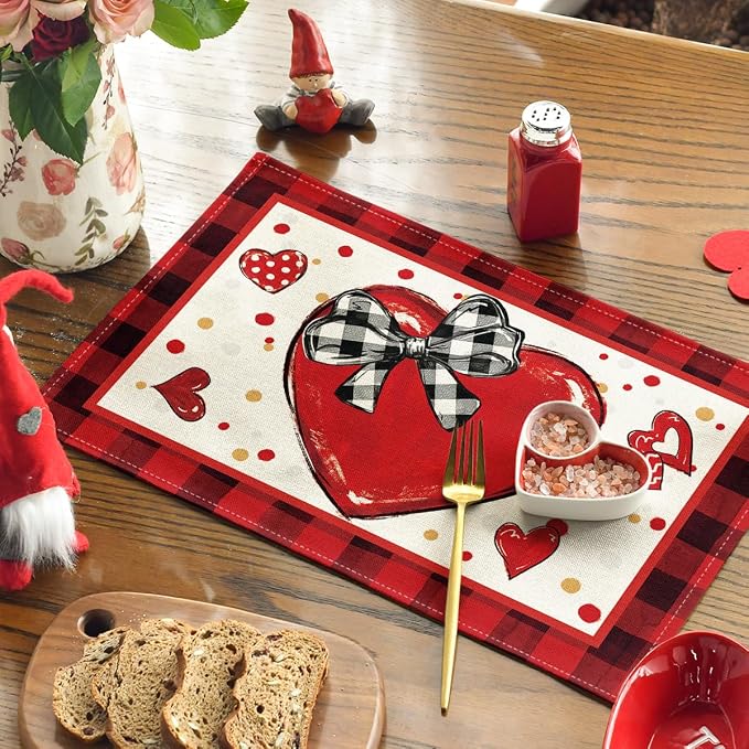 Artoid Mode Bow Tie Heart Valentine Placemats Set of 4, 12x18 Inch Seasonal Red - Image 3