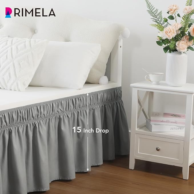 RIMELA Grey Queen Size Bed Skirt 15 Inch Drop, Elastic Bed Skirting, Light Gray - Image 3
