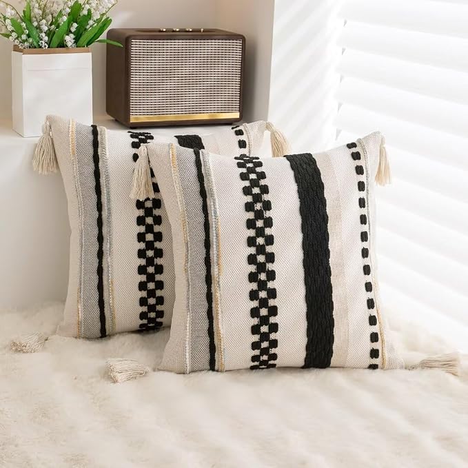 Boho Throw Pillow Covers 18x18 Set of 2 Woven Tufted Farmhouse Pillows Cover - Image 4