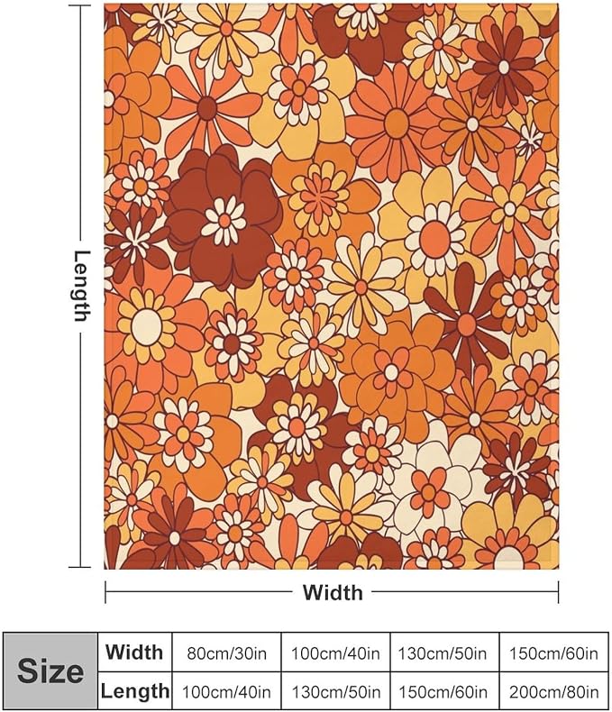 Vintage 70s Throw Blanket, Boho Hippie Bright Orange Flowers Groovy Abstract - Image 2