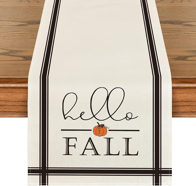 Artoid Mode Hello Fall Pumpkin Table Runner, Seasonal Harvest Vintage by ArtoidMode