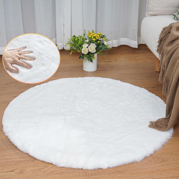 White Faux Rabbit Washable Fur Area Rugs Circle Rugs by ORINOVA