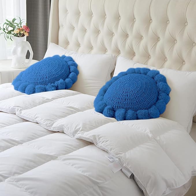 Boho Round Throw Pillow with Cute Handmade Pom Poms Tassels 18 Inch, Decorative - Image 4